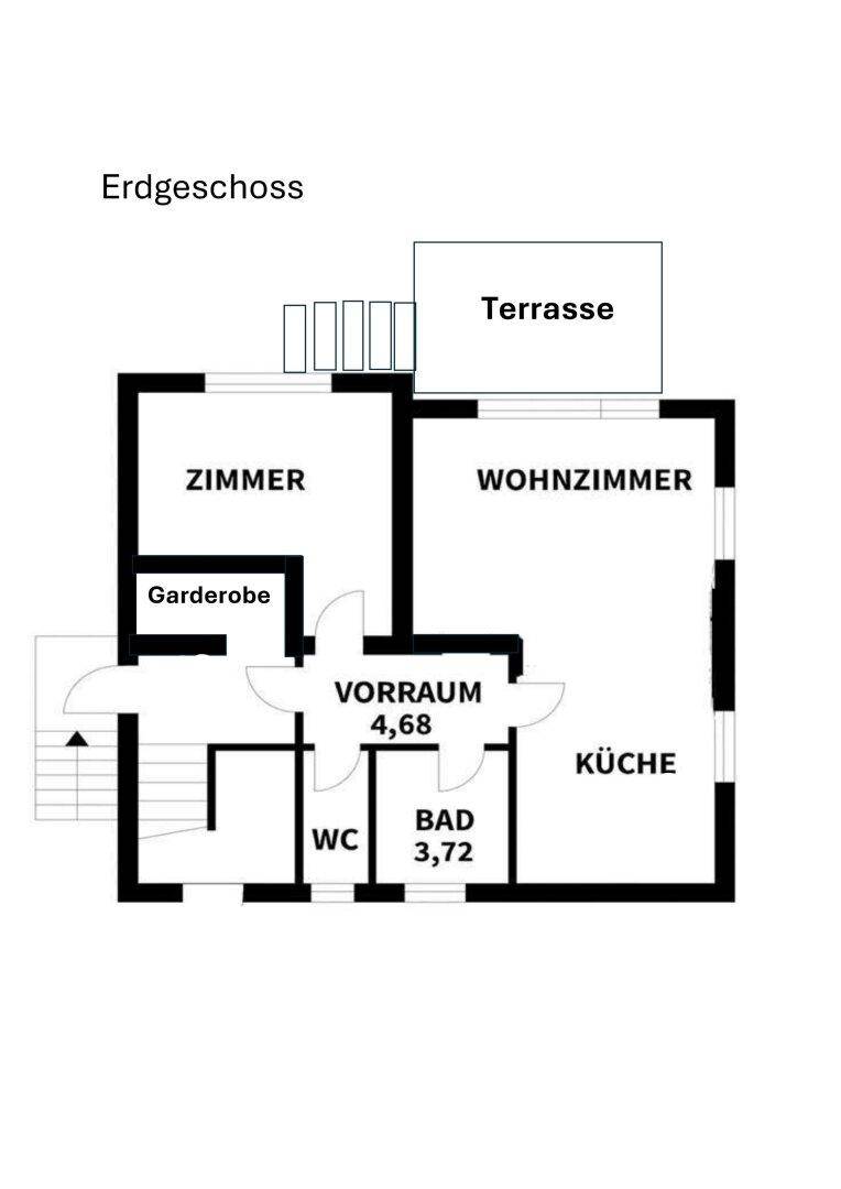 Grundriss des Erdgeschosses mit Wohnzimmer, Küche, Bad und Terrasse.