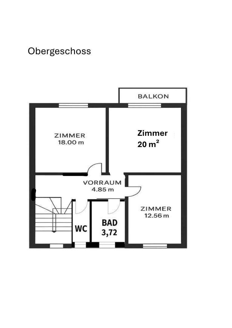Grundriss des Obergeschosses mit mehreren Zimmern, einem Badezimmer, separatem WC und Balkon.