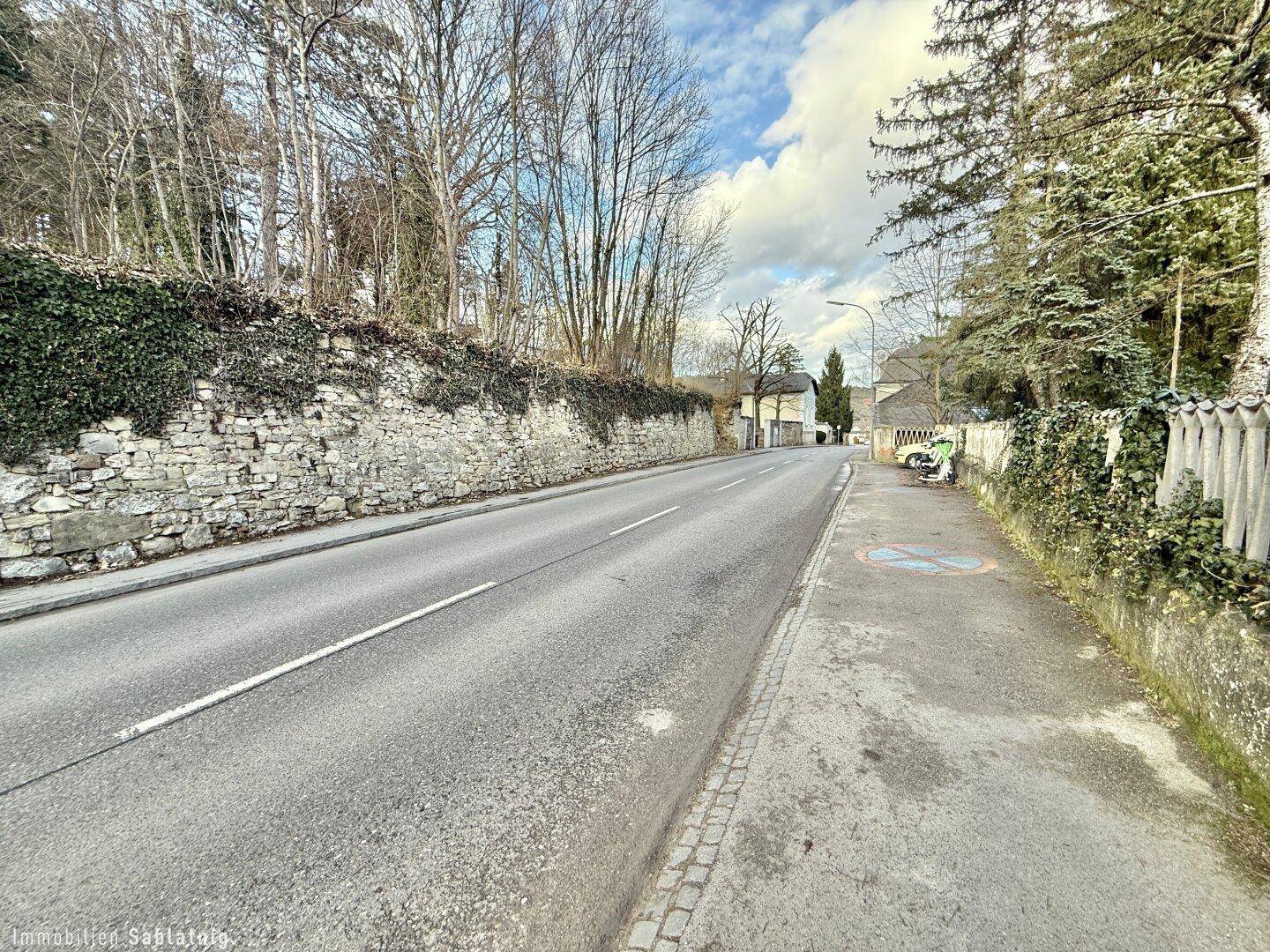 Eine ruhige Landstraße mit einem Steinwall und Bäumen, umgeben von ländlicher Bebauung.