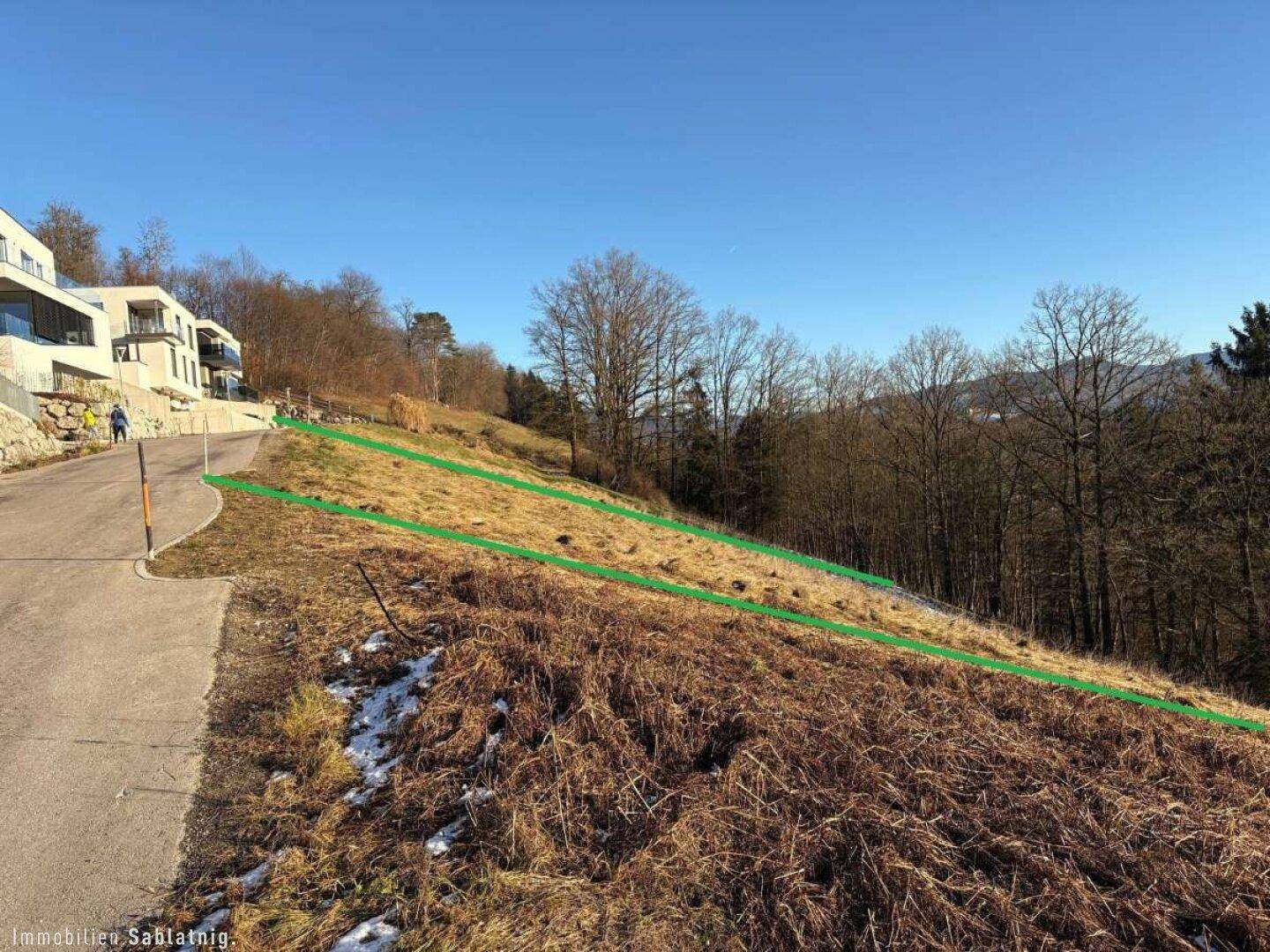 Hanglage mit Gras und Schneeresten, einer Straße und modernen Gebäuden im Hintergrund, umrandet von Bäumen.