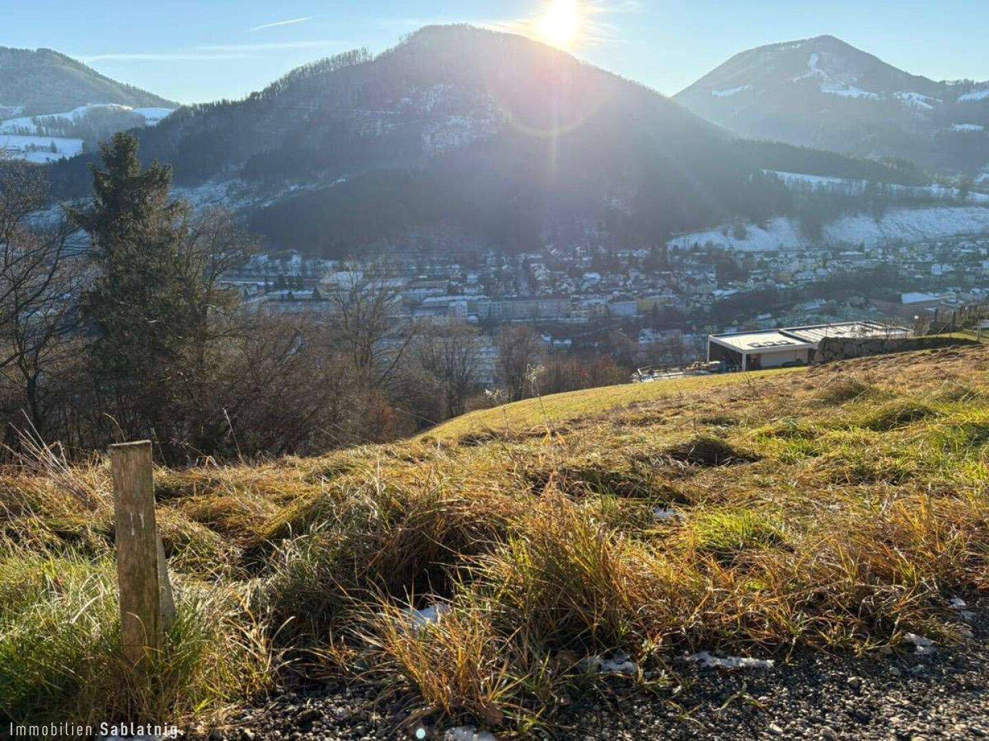 Nahaufnahme von Gras und trockenem Bewuchs mit einem Holzpfosten, im Hintergrund sonnige Berglandschaft und Stadt.
