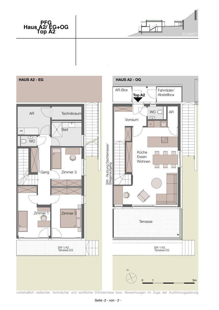 Detaillierter Grundriss der Wohneinheit A2 mit Erdgeschoss und Obergeschoss, inklusive Terrasse und Balkon.