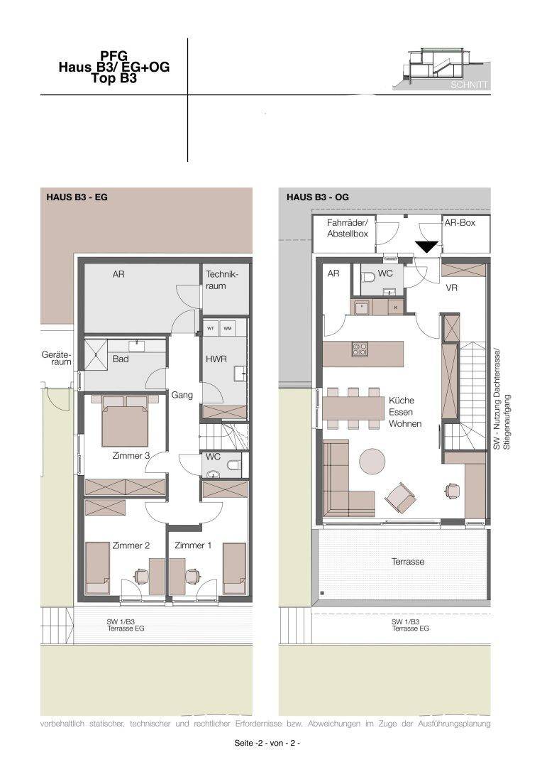 Detaillierter Grundriss von Haus B3 mit Erdgeschoss und Obergeschoss, inklusive Terrassen.