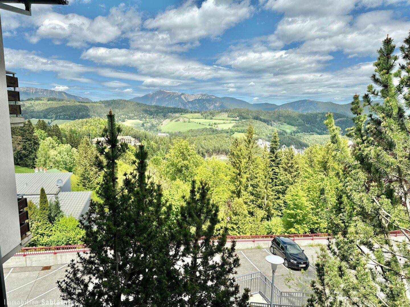 Weitläufiger Ausblick auf die grüne Landschaft und die Berge von der Immobilie.
