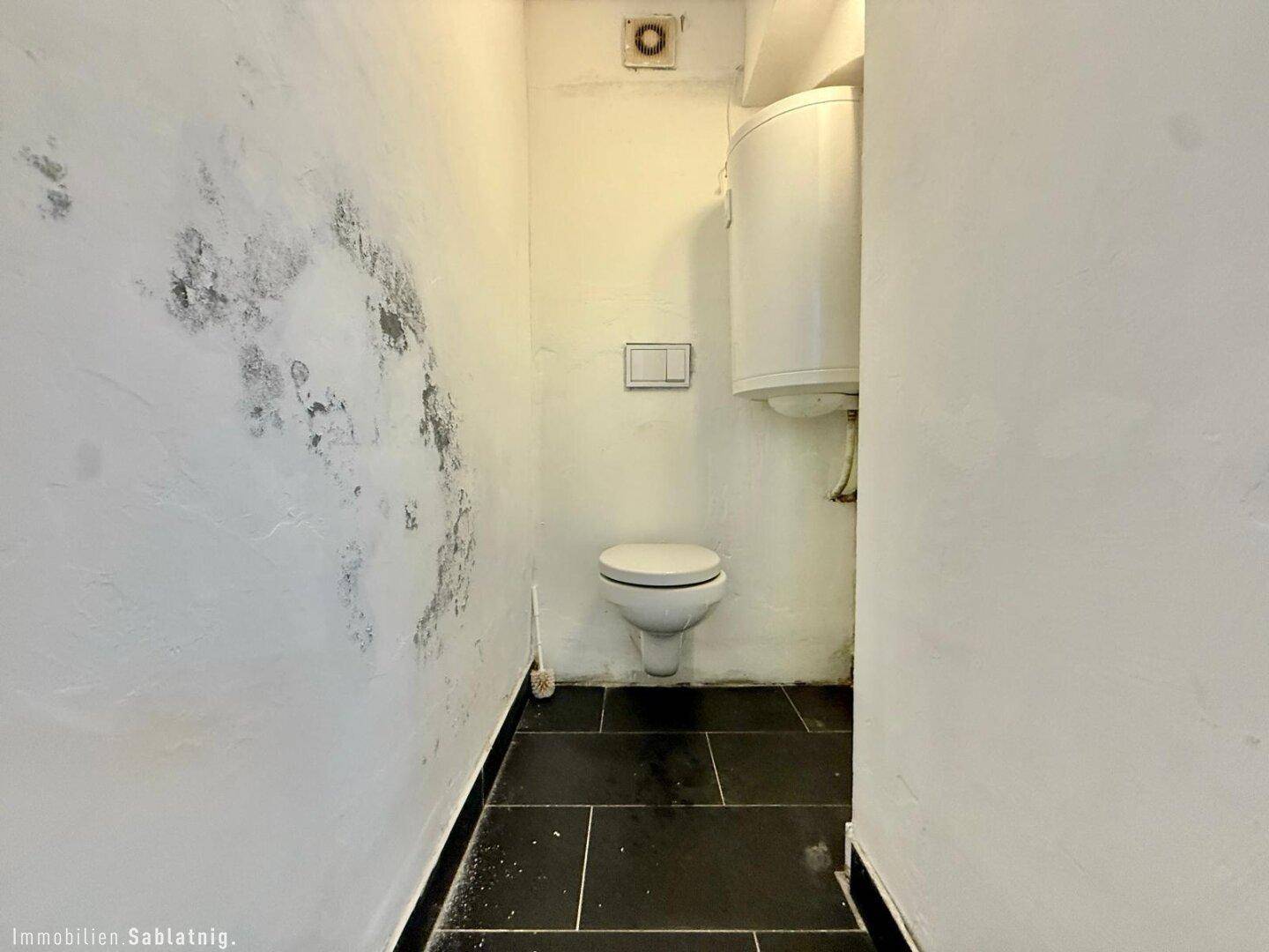 Kleine Toilette mit Wand-WC und Boiler, die Wände zeigen deutliche Spuren von Feuchtigkeit oder Schimmel.