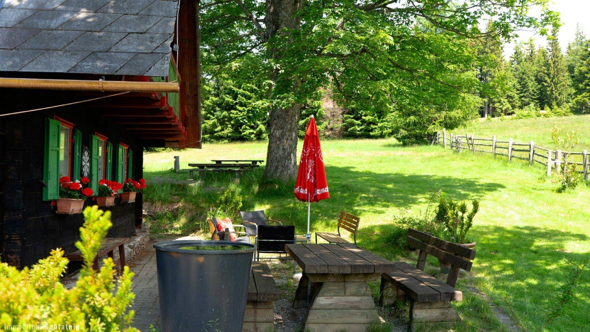 Idyllischer Gartenbereich mit rustikalem Holztisch und Bänken unter einem schattenspendenden Baum.