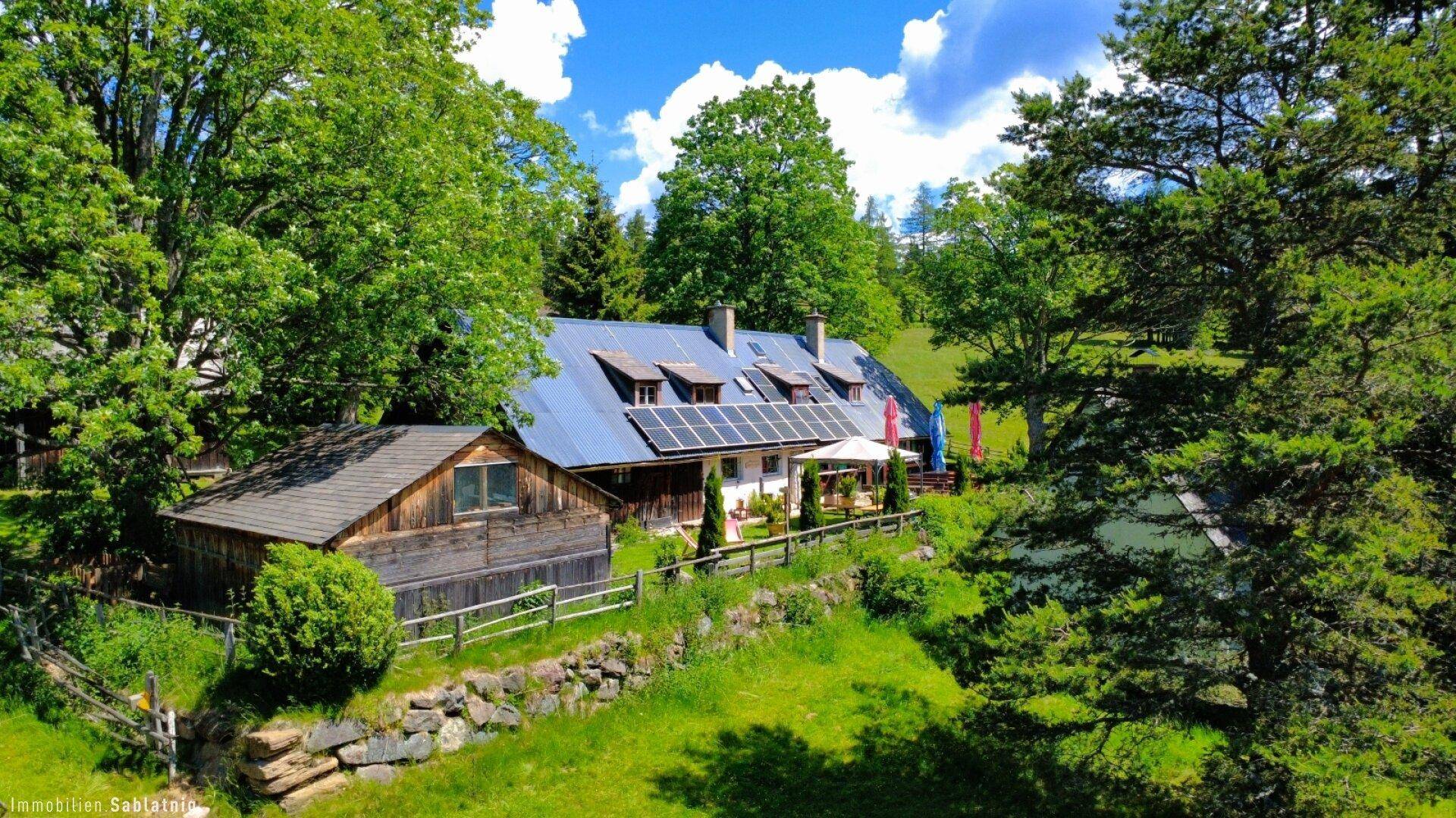 Malerische Luftaufnahme des Anwesens mit Haupthaus und Nebengebäude, umgeben von grünen Bäumen und Wiesen.