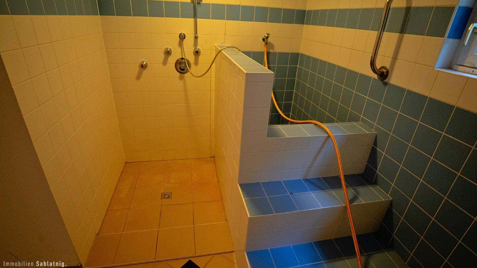 Badezimmer mit blauen und weißen Fliesen, einer Duschkabine und integrierten Stufen.