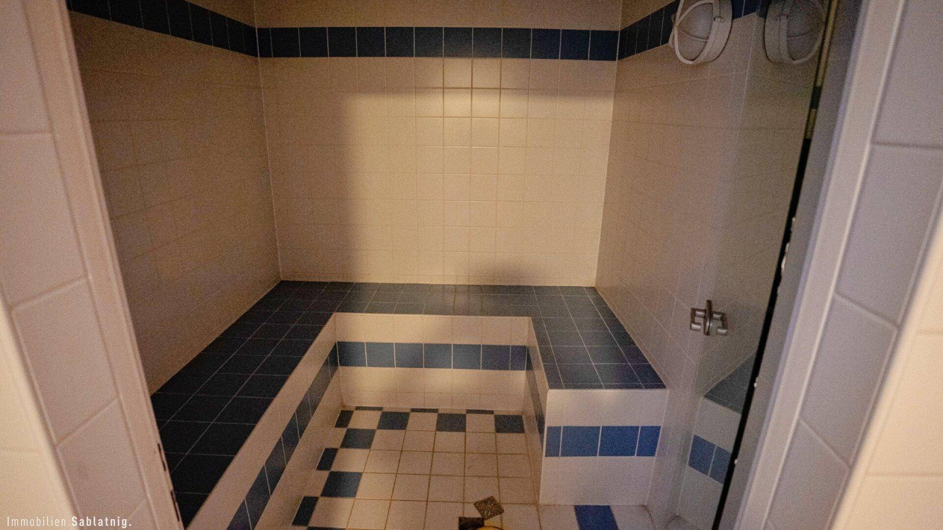 Dampfbad oder große Duschkabine mit gefliesten Sitzbänken in blau-weißem Design.