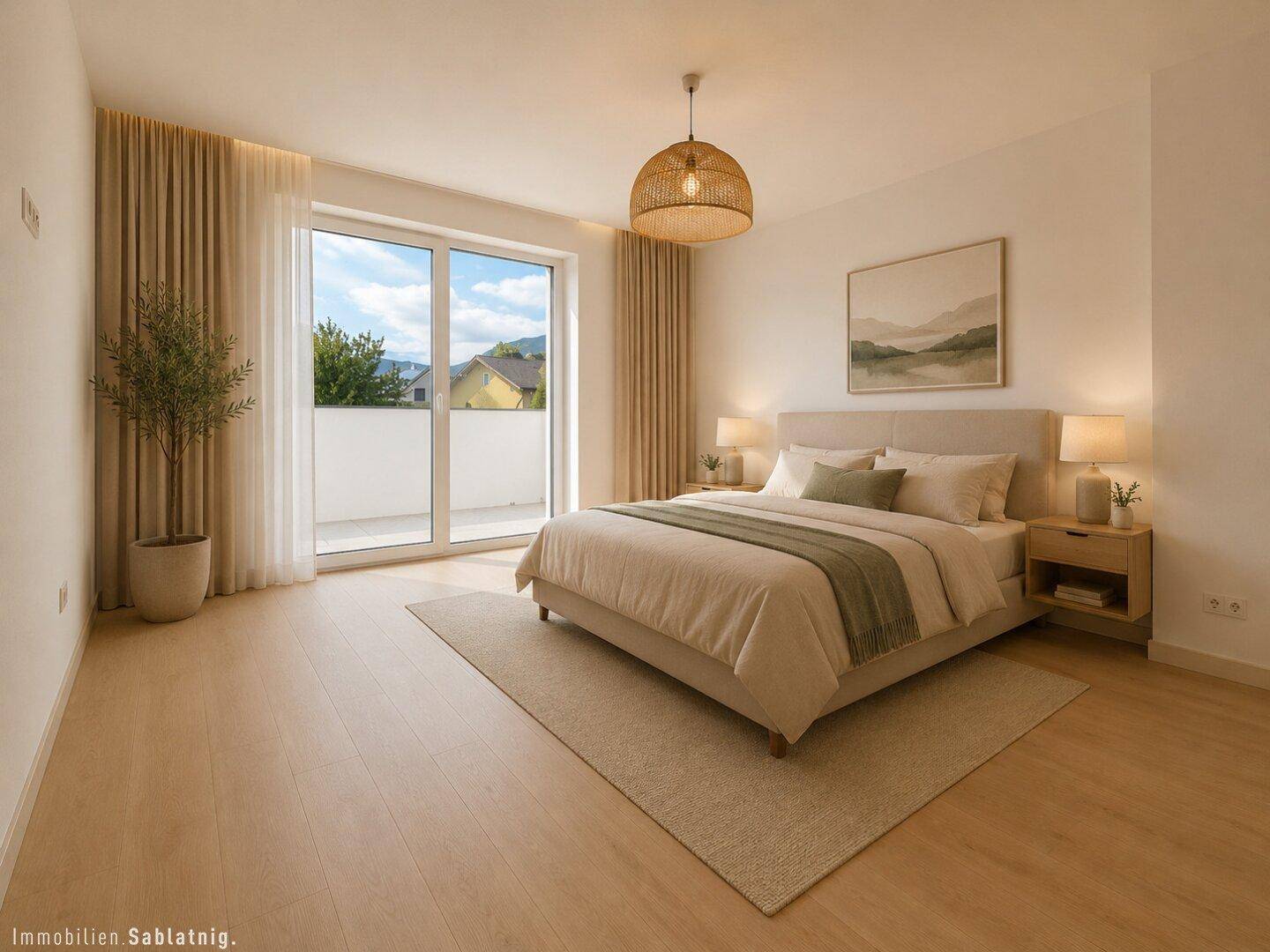 Helles Schlafzimmer mit Doppelbett, Holzboden und Zugang zu einem Balkon mit Bergblick.