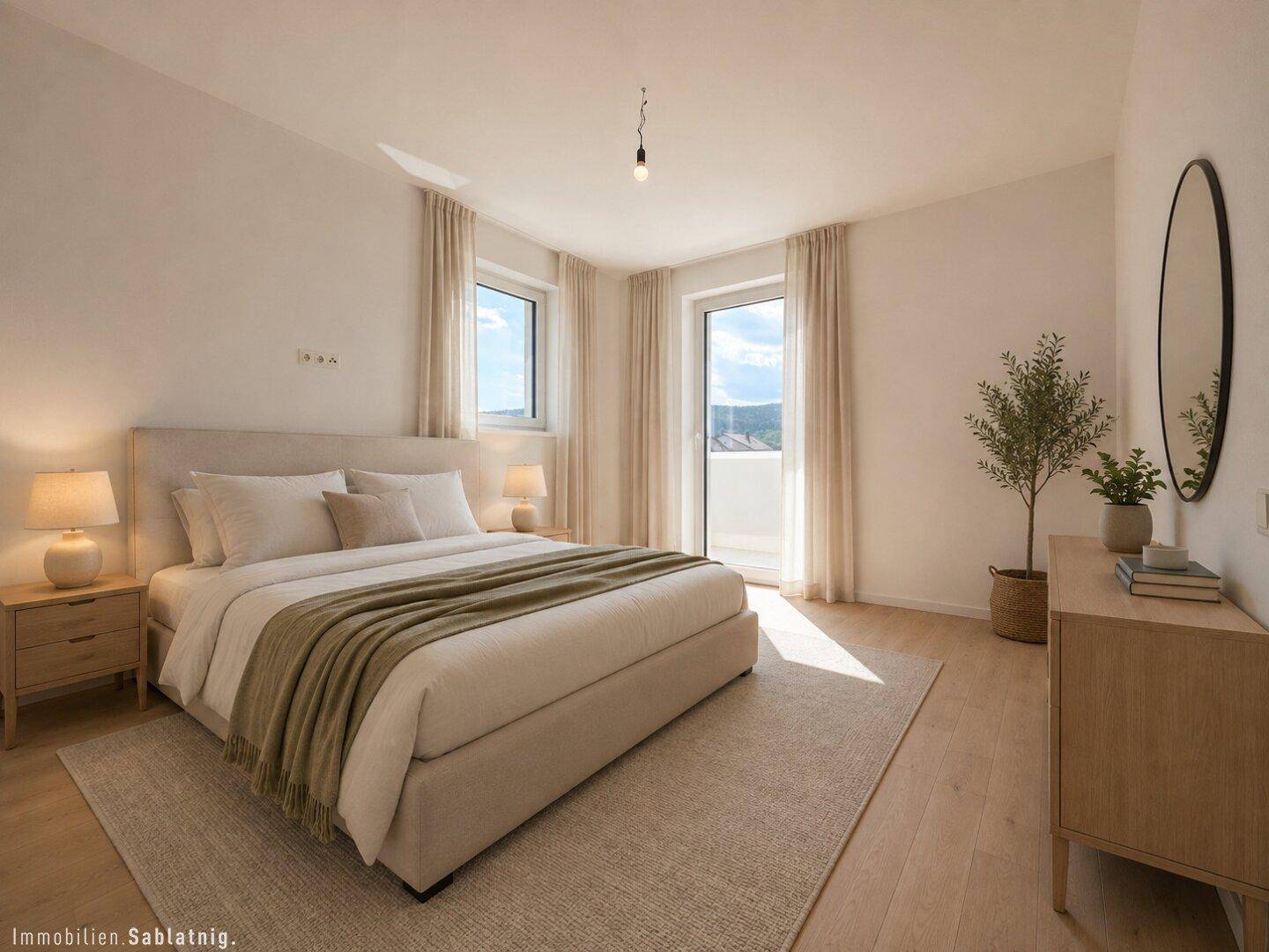 Modernes Schlafzimmer mit Doppelbett, Holzboden und großem Fenster für viel Tageslicht.