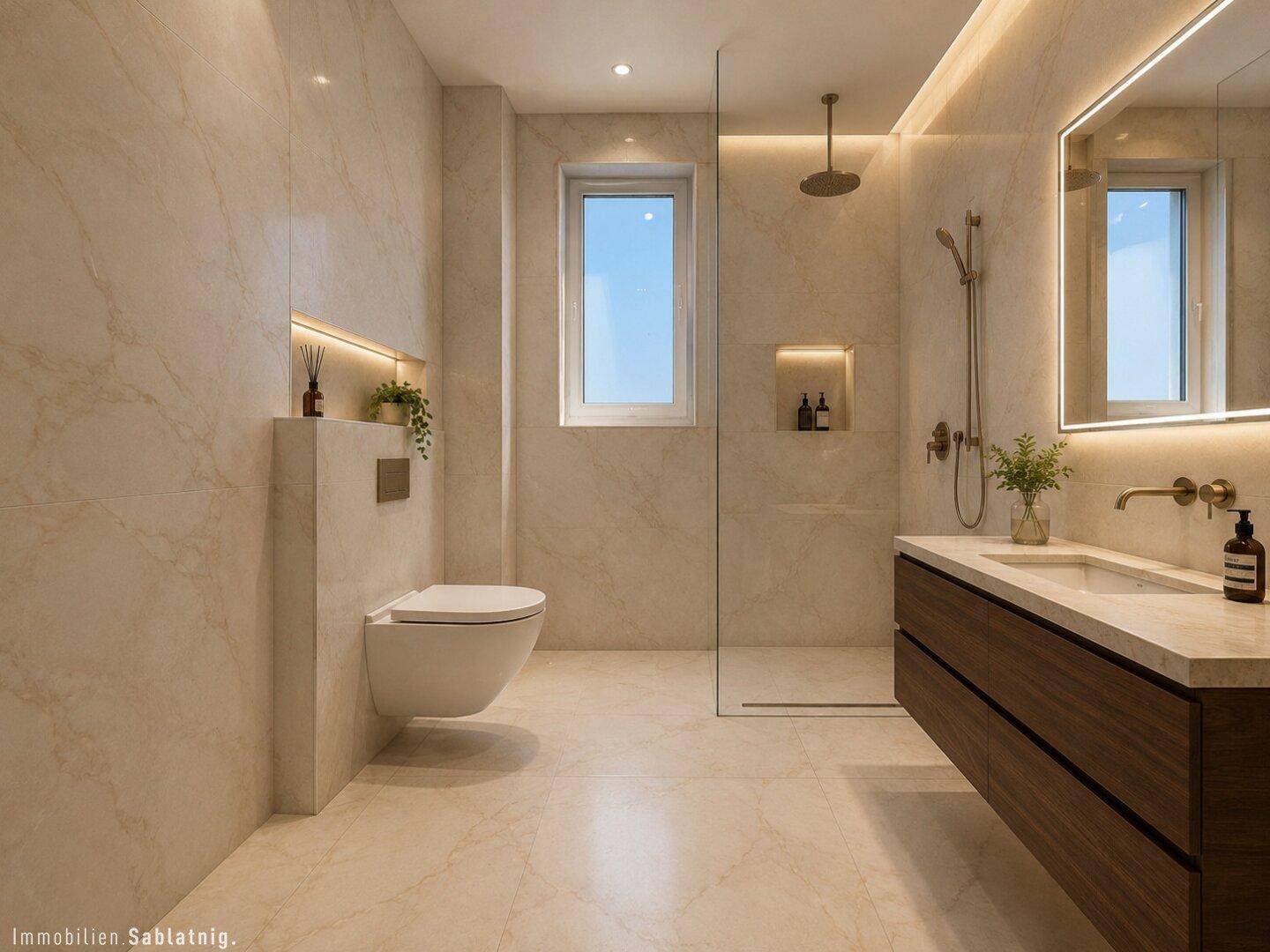 Luxuriöses Badezimmer mit Marmorfliesen, begehbarer Dusche und modernem Waschtisch.