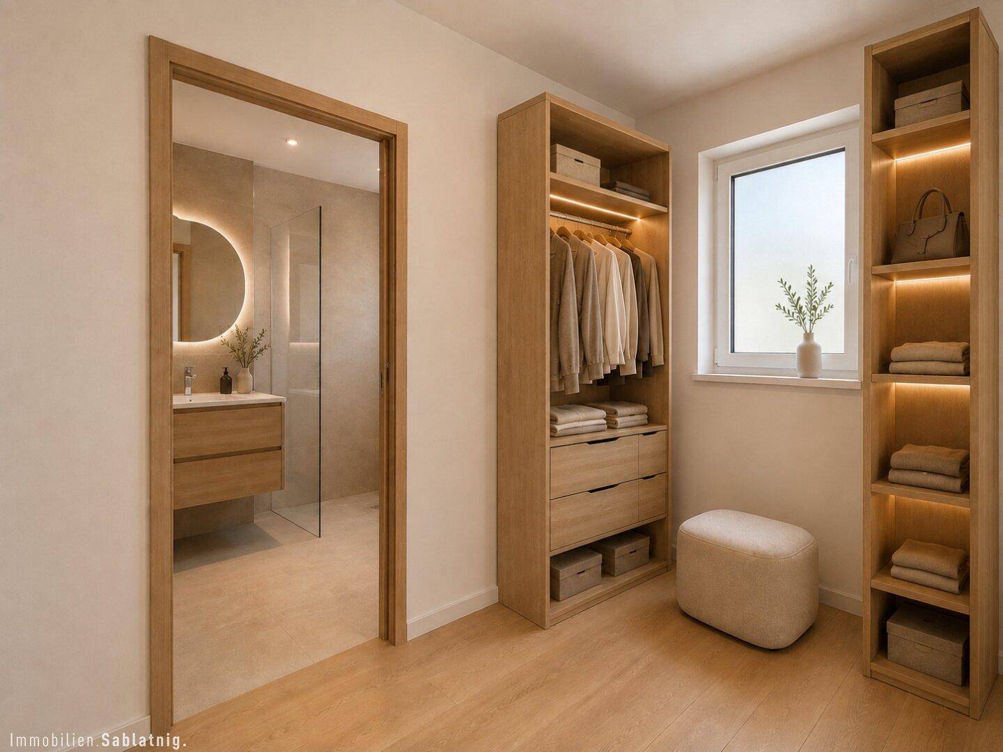 Heller Flur mit integriertem Kleiderschrank und Zugang zu einem modernen Badezimmer.