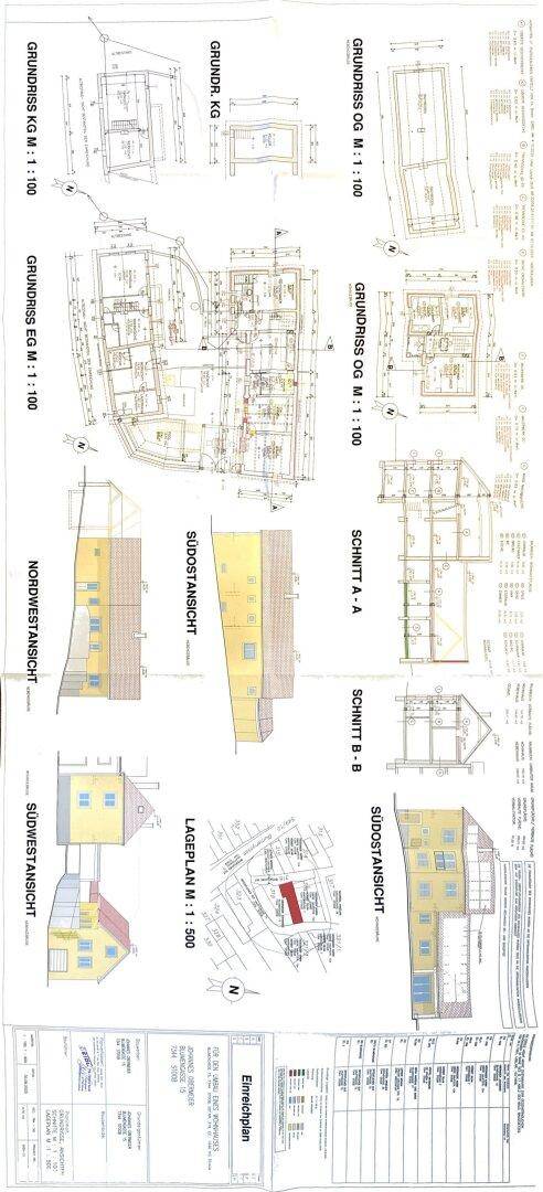Detaillierter Bauplan mit Grundrissen, Schnitten und Ansichten des Gebäudes.