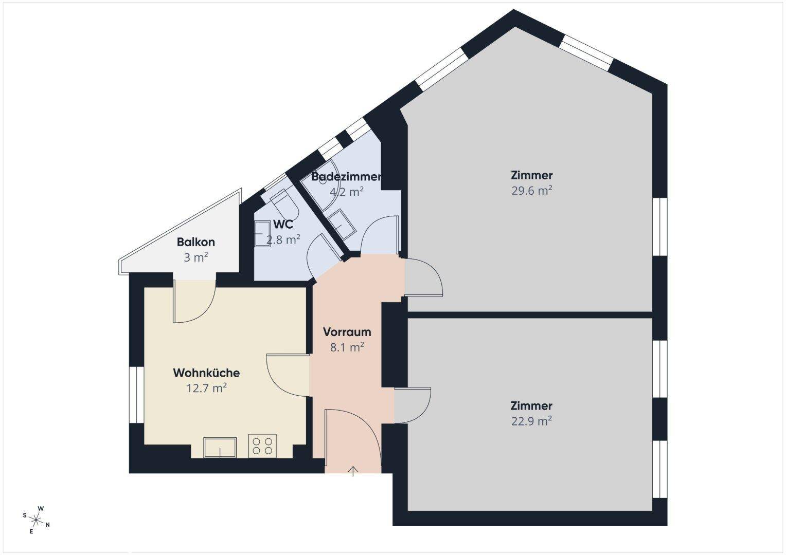 Grundriss einer Wohnung mit Wohnküche, zwei Zimmern, Bad, WC und Balkon.