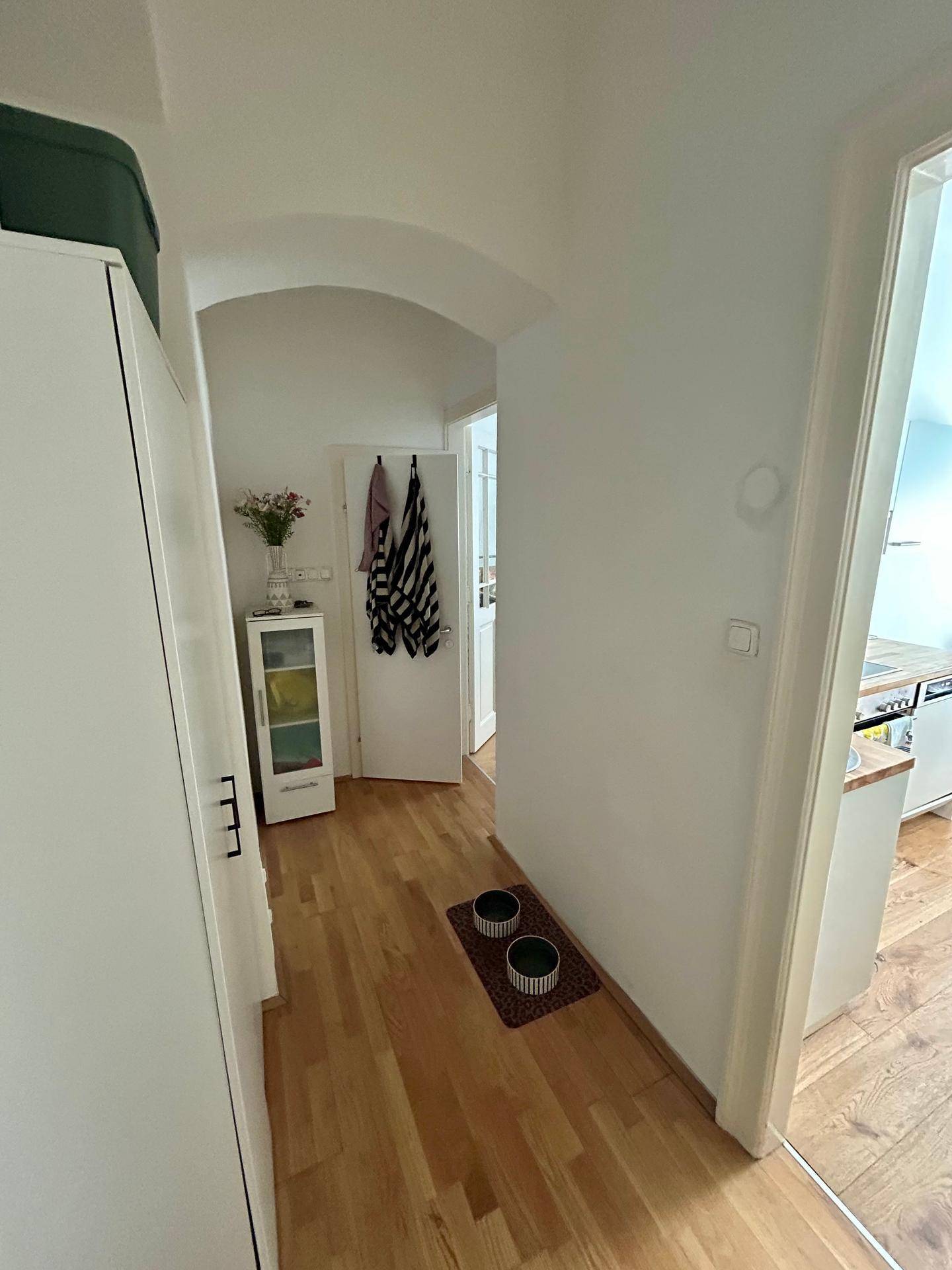 Heller Flur mit Holzboden und einem eleganten Bogendurchgang.