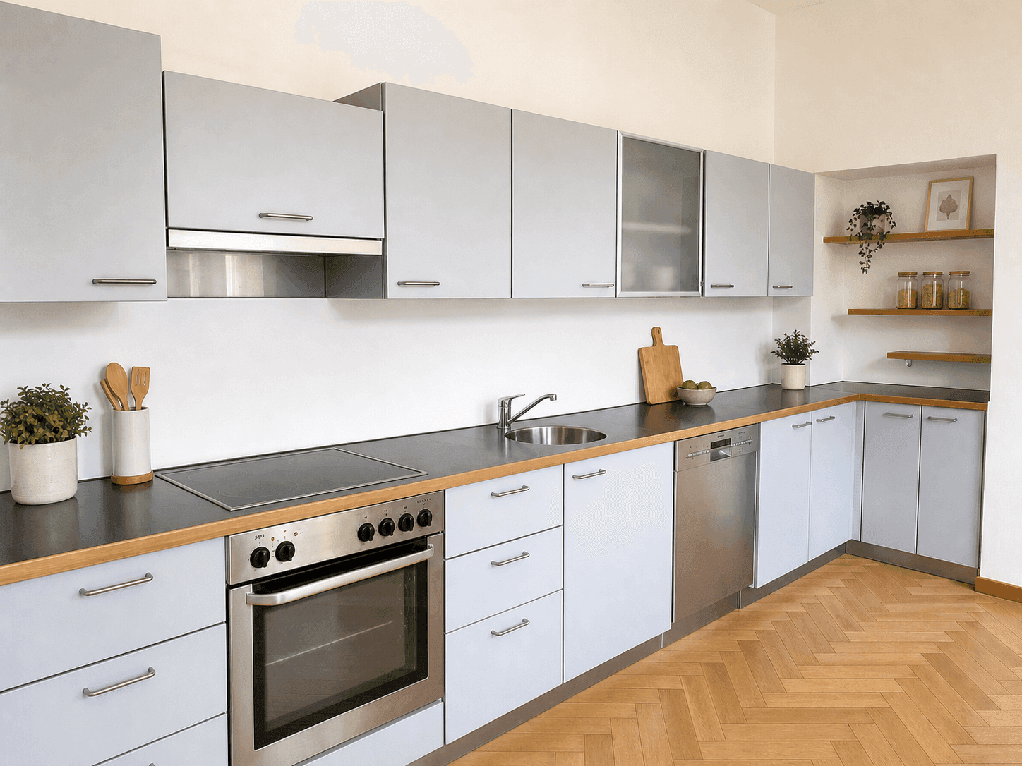 Helle, moderne Küche mit hellblauen Schränken, integrierten Geräten und Holzdetails.