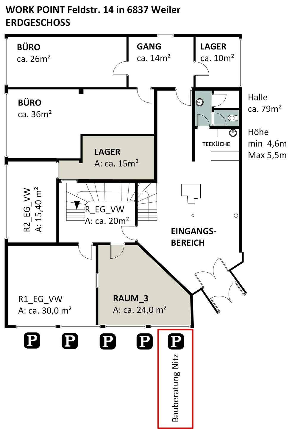 Grundriss des Erdgeschosses mit Büros, Lagerflächen, Teeküche und großem Eingangsbereich.