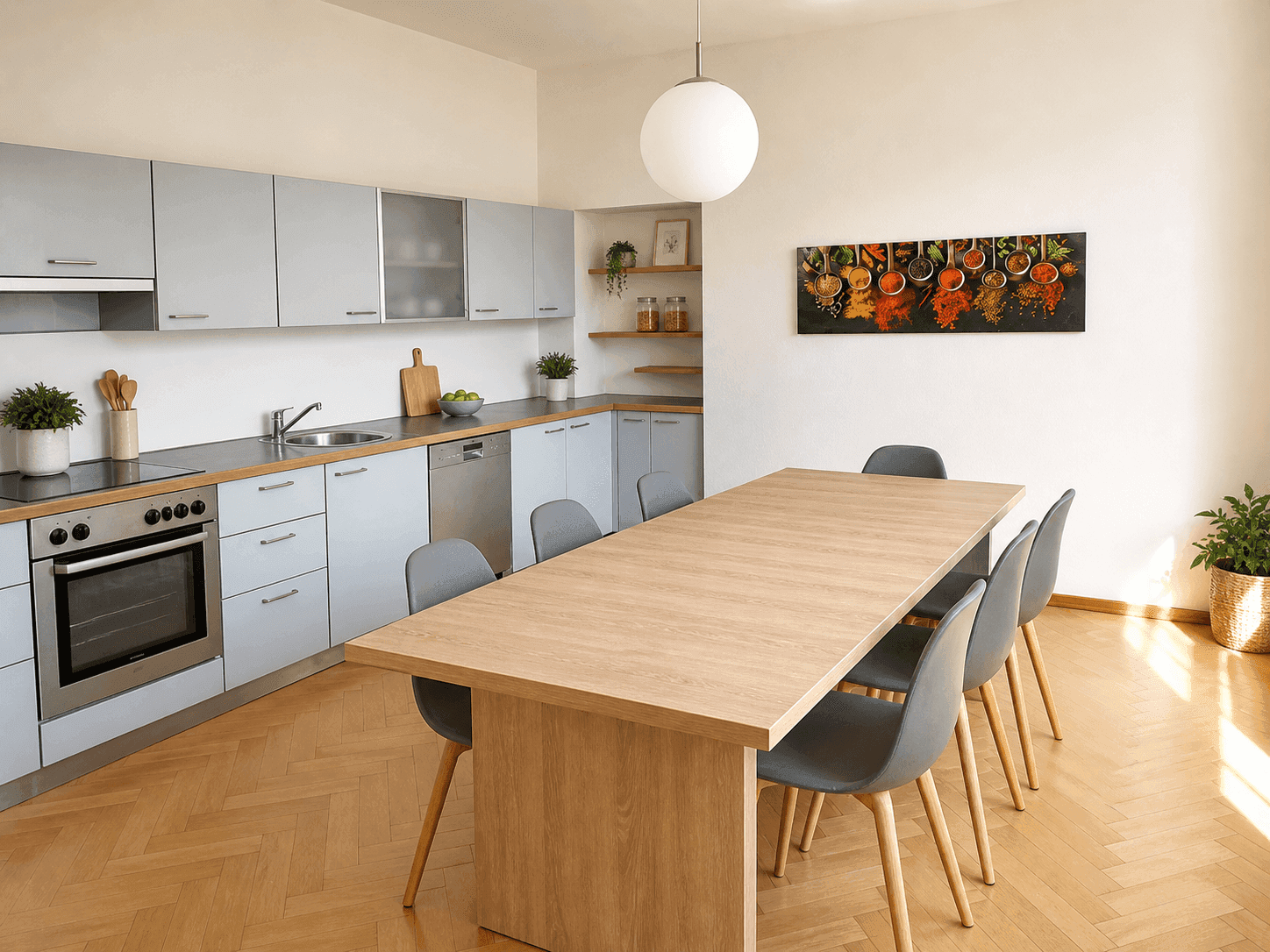 Moderne Einbauküche mit hellblauen Fronten, Holzarbeitsplatte und großem Esstisch.