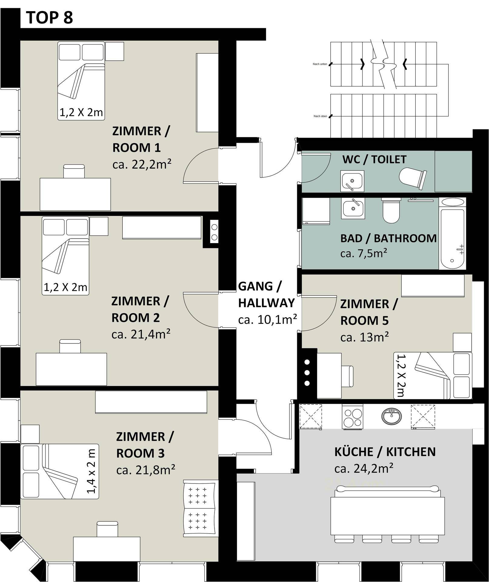 Grundriss der Wohnung "TOP 8" mit drei Schlafzimmern, Küche, Bad und separatem WC.