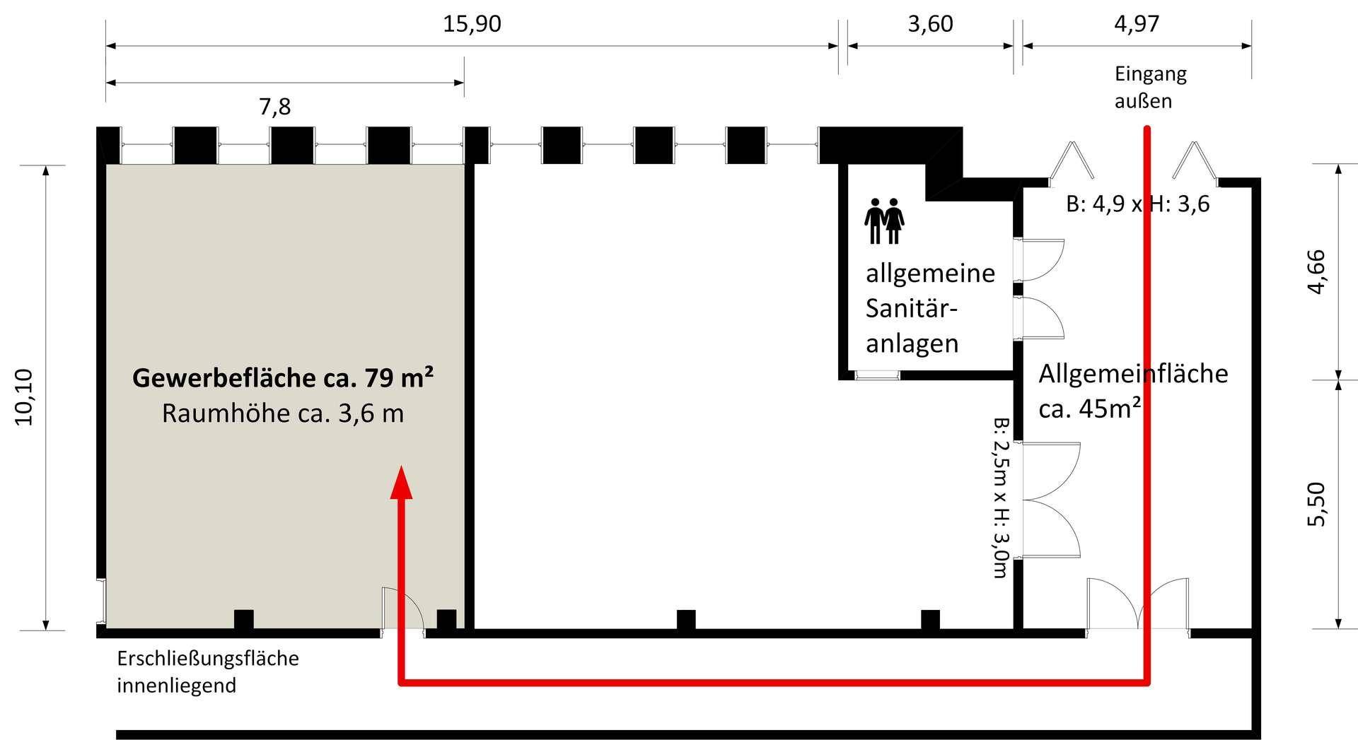 Grundrissplan mit Maßen für eine Gewerbefläche von ca. 79 m² und separaten Sanitäranlagen.