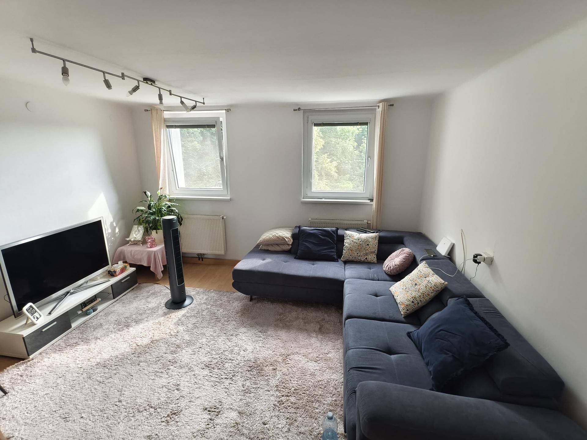 Gemütliches Wohnzimmer mit großem Ecksofa, Teppichboden und zwei Fenstern.