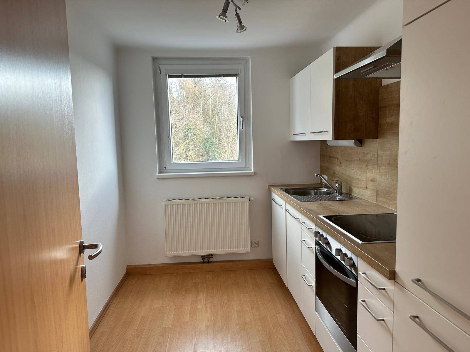 Helle Küche mit Einbaugeräten, Holzoptik-Arbeitsplatte und Fenster.