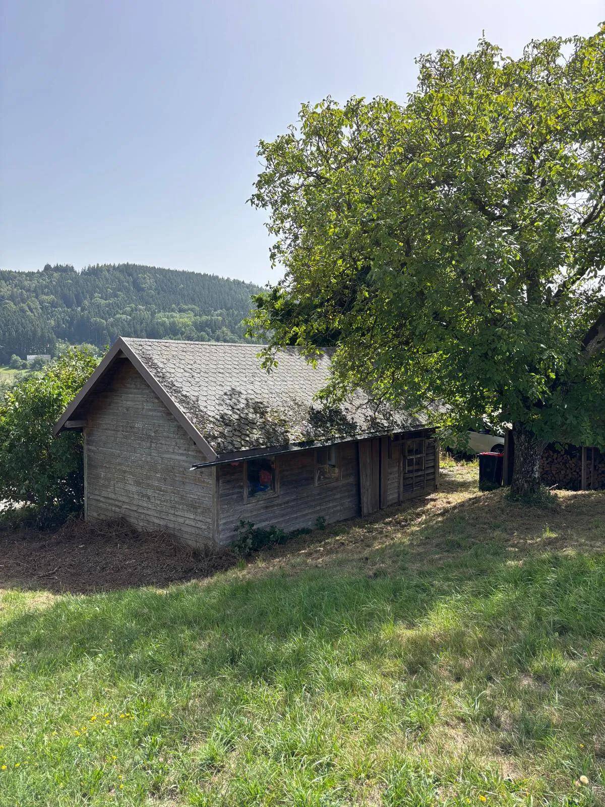 Kleines Holzgebäude in einer grünen Landschaft mit Bäumen und Hügeln im Hintergrund.