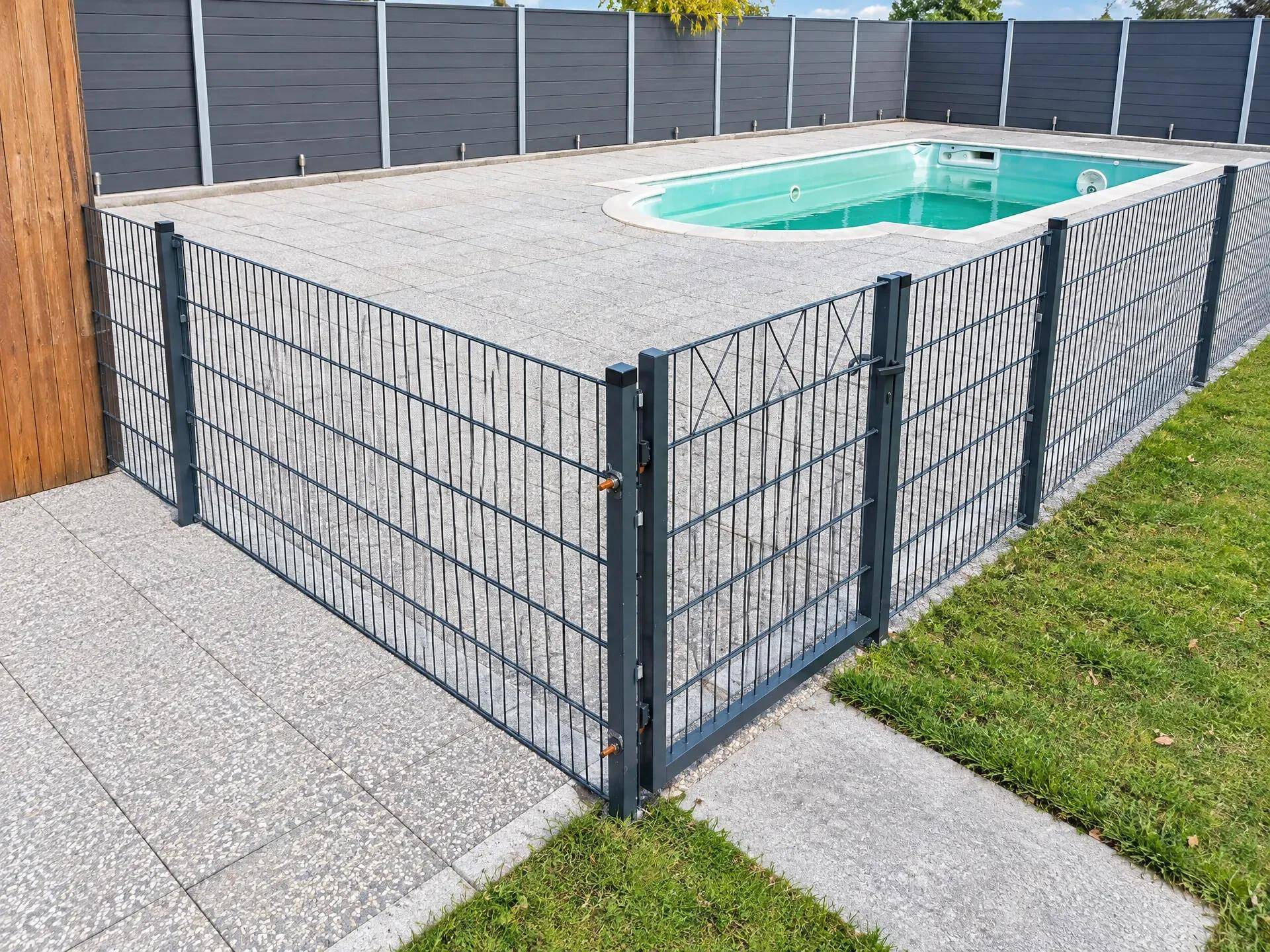 Eingezäunter Poolbereich mit gepflasterter Fläche und angrenzendem Rasen.