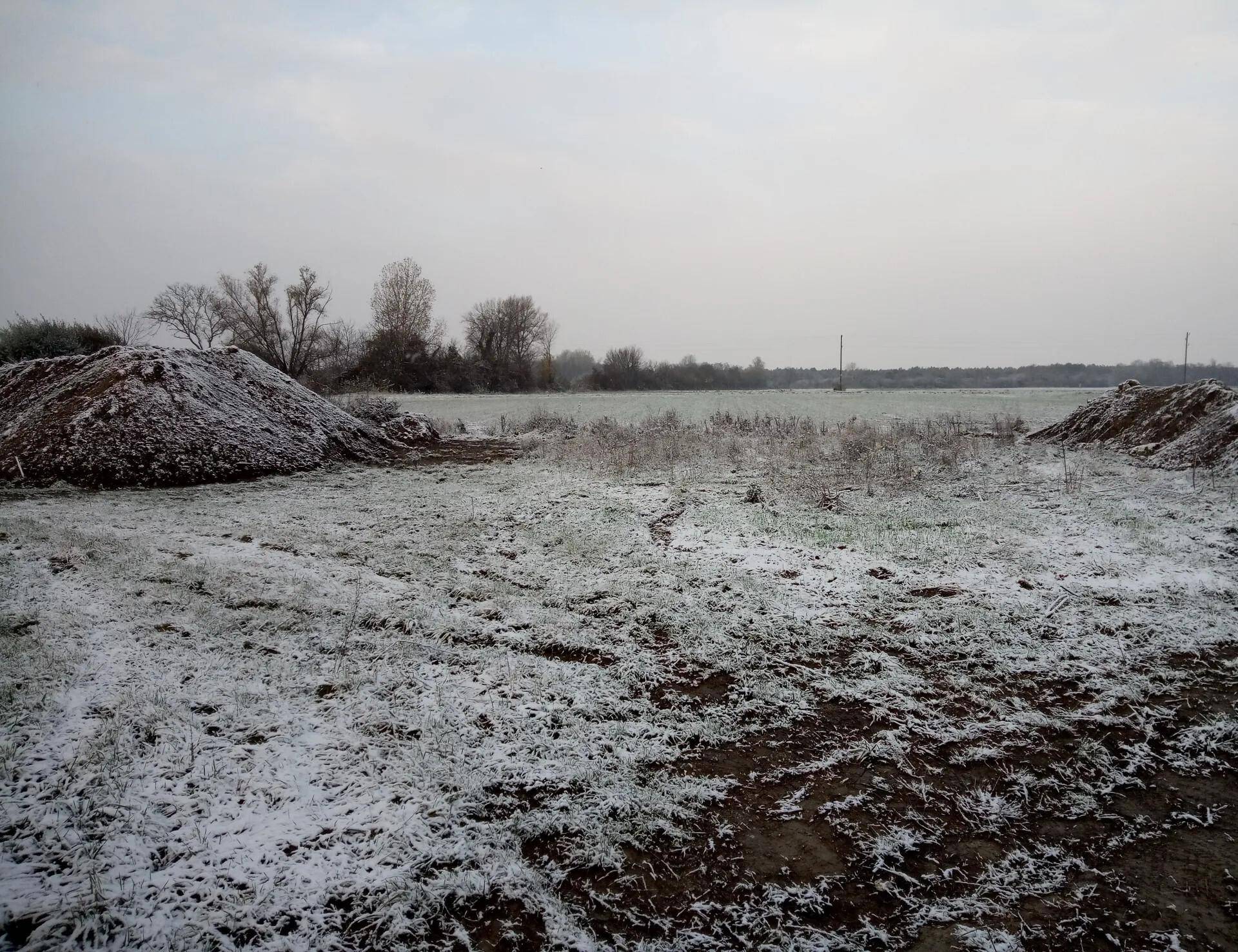 Winterliche Landschaft mit leichtem Schneefall auf dem unbebauten Grundstück.