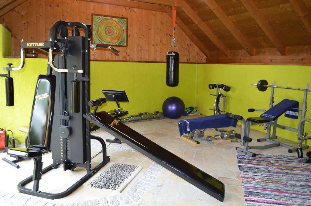 Gut ausgestatteter Fitnessraum mit verschiedenen Geräten, Boxsack und Holzbalkendecke.