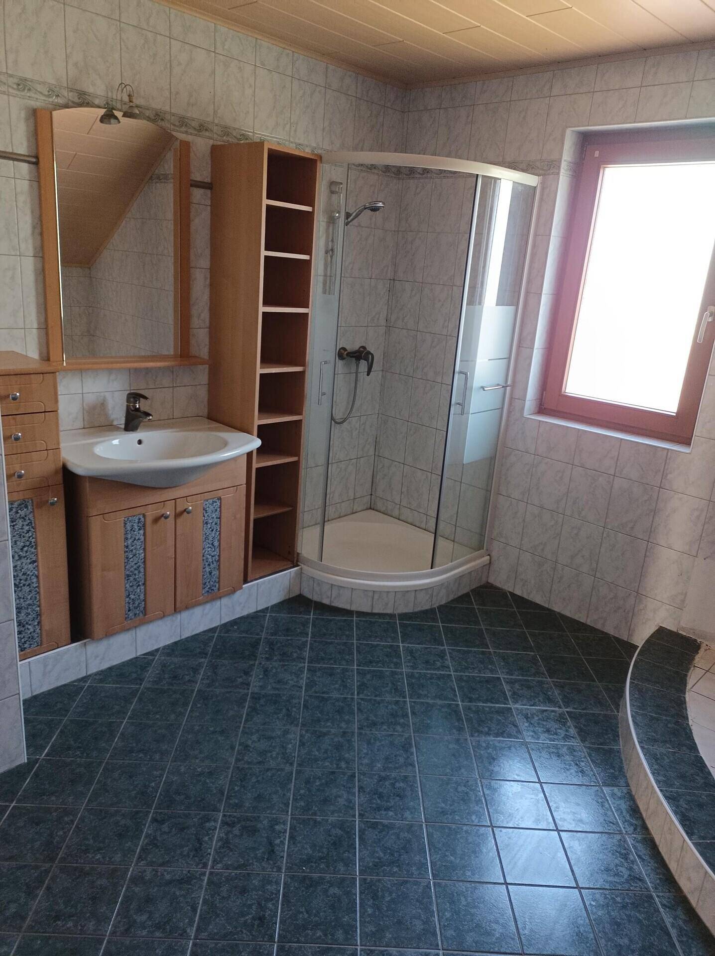 Badezimmer mit Duschkabine, Waschbeckenunterschrank und gefliesten Wänden und Böden.