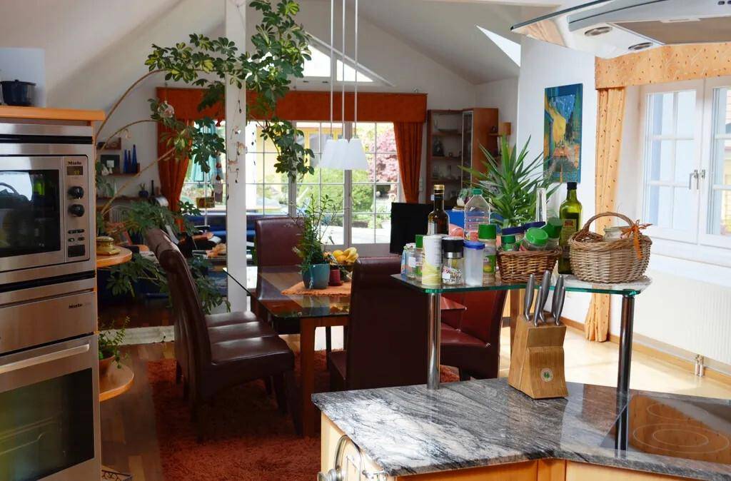 Offene Küche mit Kochinsel, modernen Geräten und Blick in den Garten.