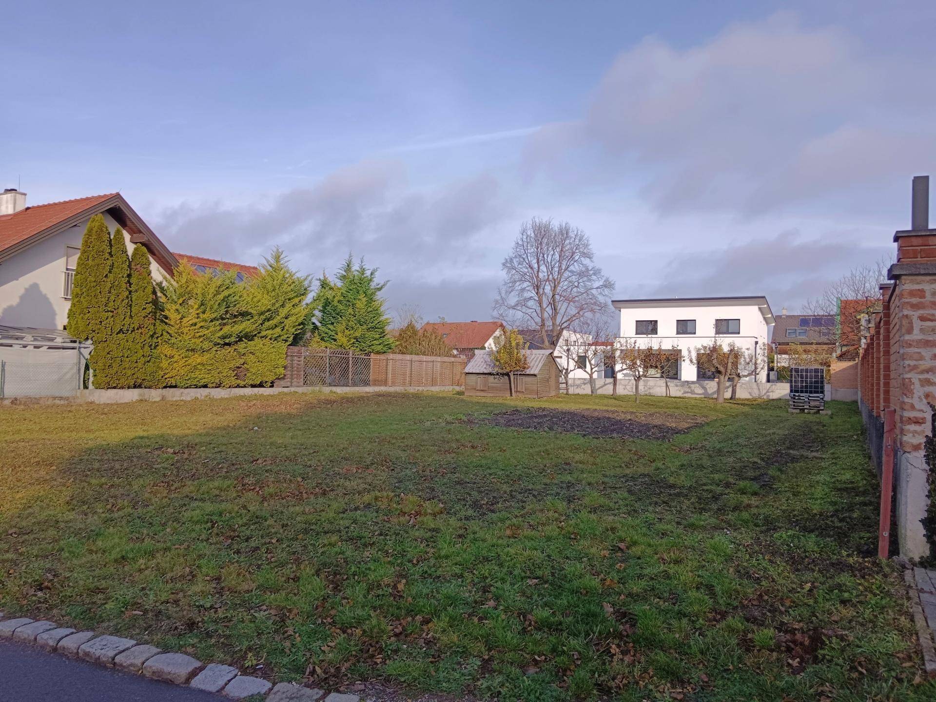 Baugrundstück im Winter mit kahlen Bäumen und umliegenden Wohnhäusern unter bewölktem Himmel.