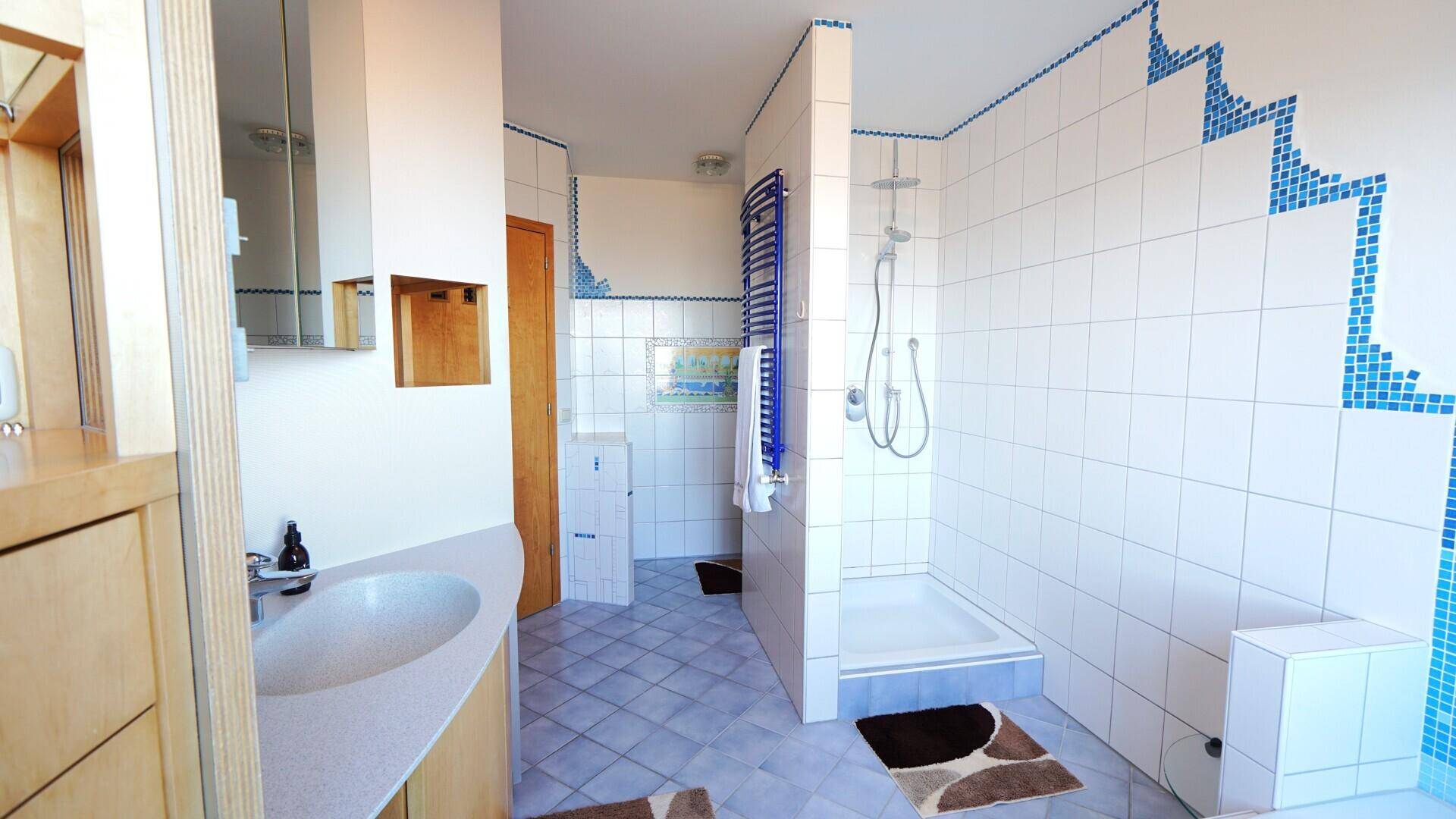 Badezimmer mit Duschbereich, blauen Mosaikfliesen und funktionaler Ausstattung.