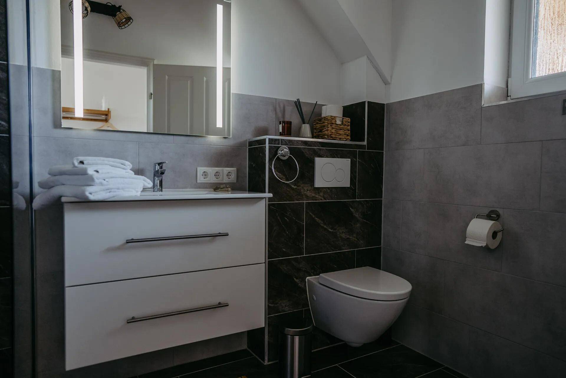 Modernes Badezimmer mit dunklen Fliesen, Waschtisch und wandhängendem WC.