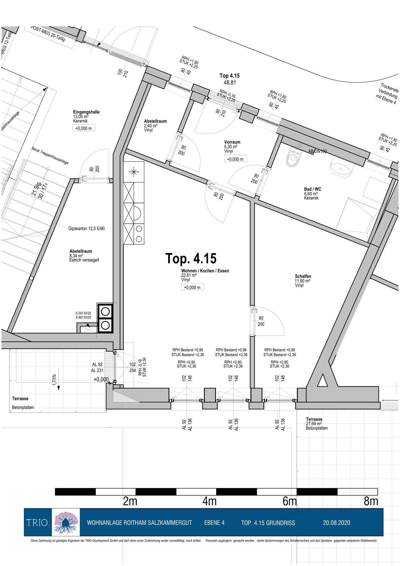 Grundriss der Wohnung Top 4.15 mit offenem Wohn-, Koch- und Essbereich sowie Terrasse.