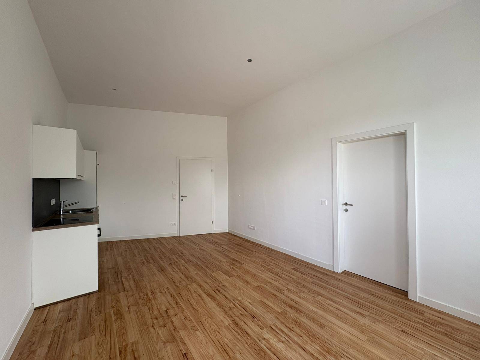 Geräumiger Wohnbereich mit heller Küchenzeile und zwei weißen Innentüren, ausgestattet mit Laminatboden.