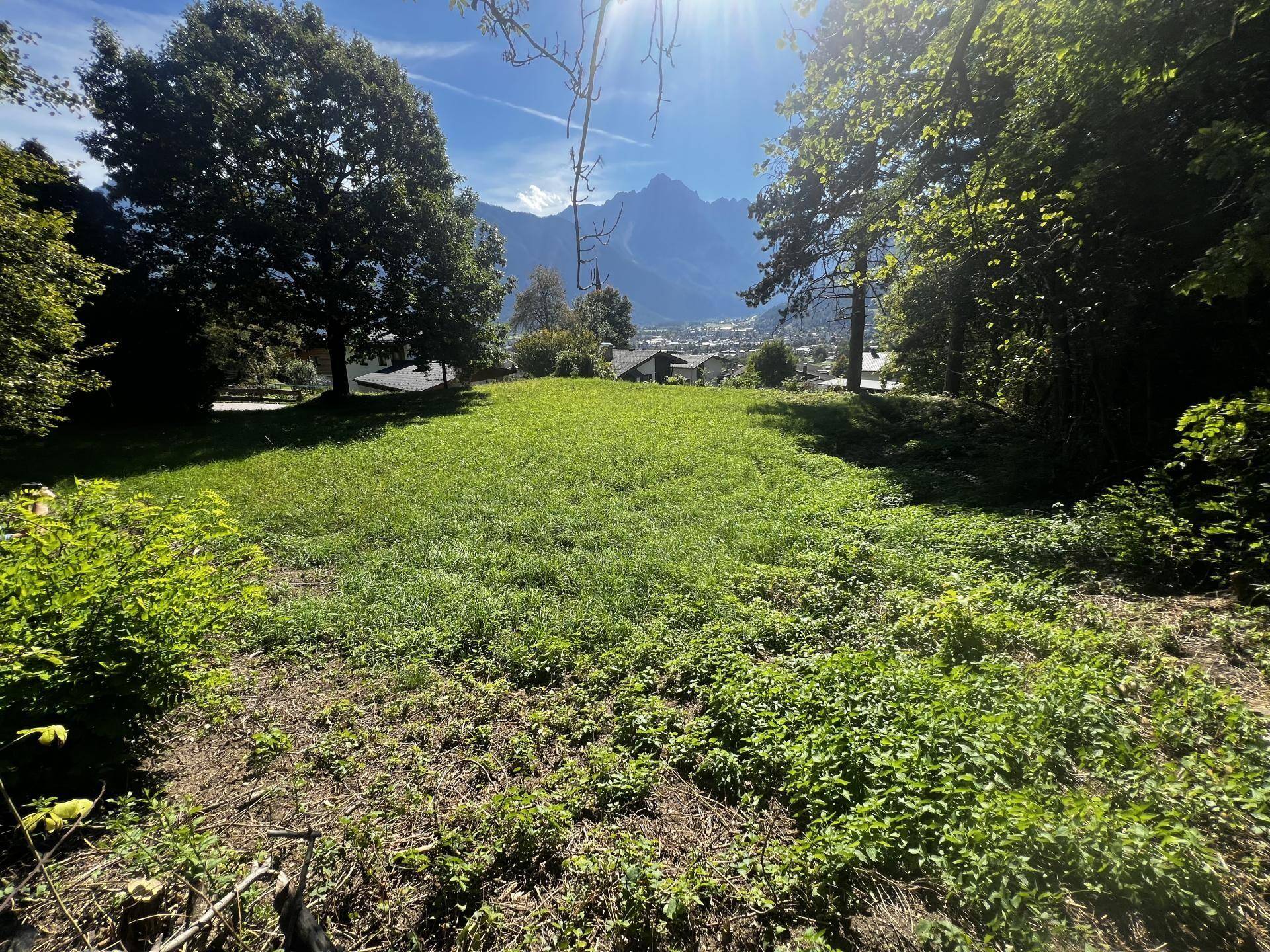 Weitläufiges grünes Grundstück mit Blick auf die majestätischen Berge unter strahlend blauem Himmel.