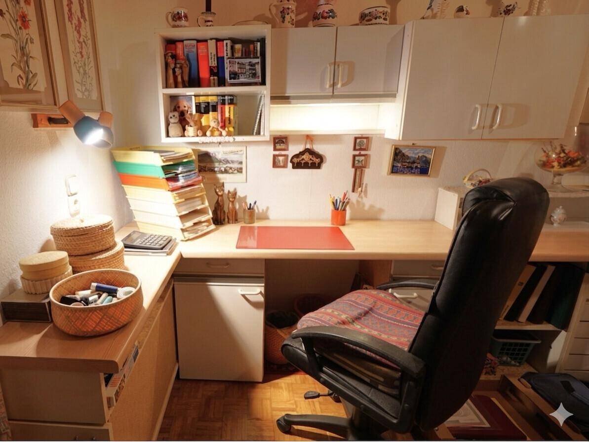 Geräumiger Arbeitsplatz mit viel Stauraum, Bürostuhl und Schreibtisch.