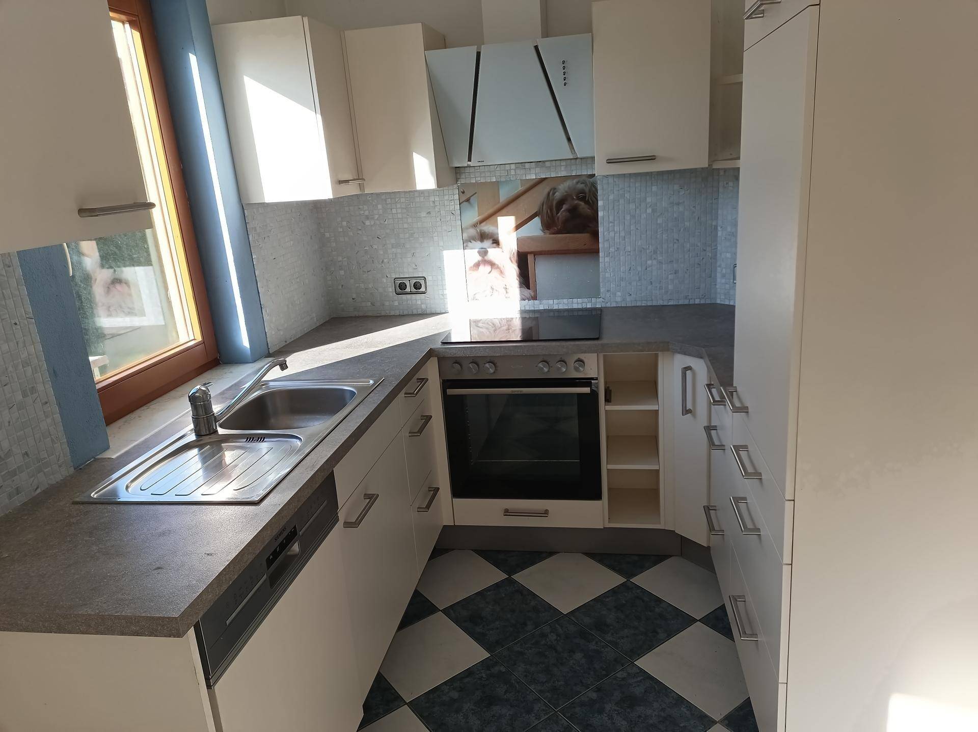 Moderne Küche mit weißen Schränken, Spülbecken und integrierten Geräten.