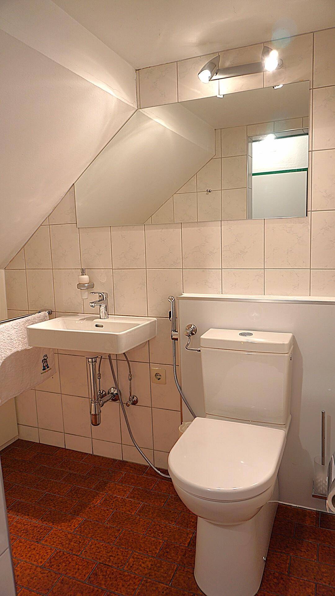 Kompakte Toilette mit Waschbecken und WC unter einer Dachschräge.