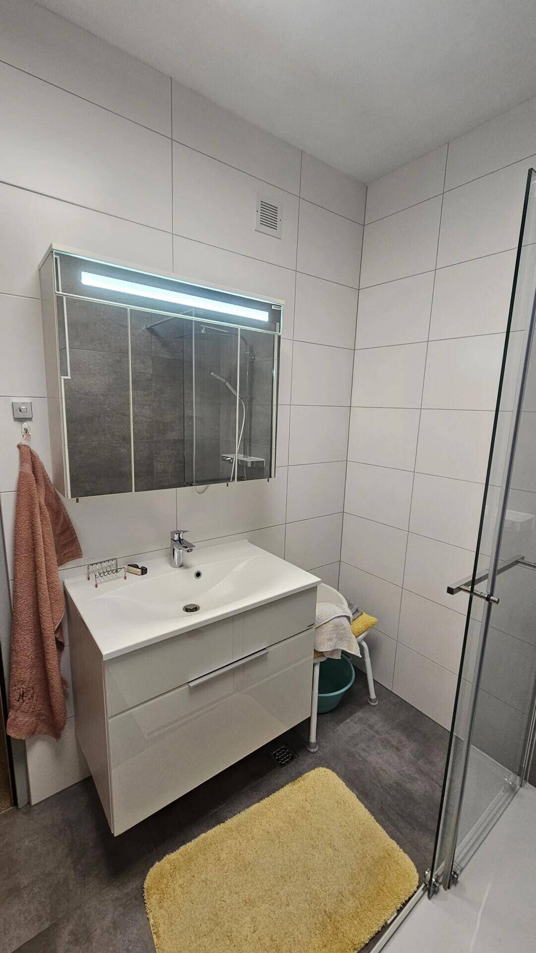 Modernes Badezimmer mit Waschtisch, Spiegelschrank und ebenerdiger Dusche in Weiß und Grau.