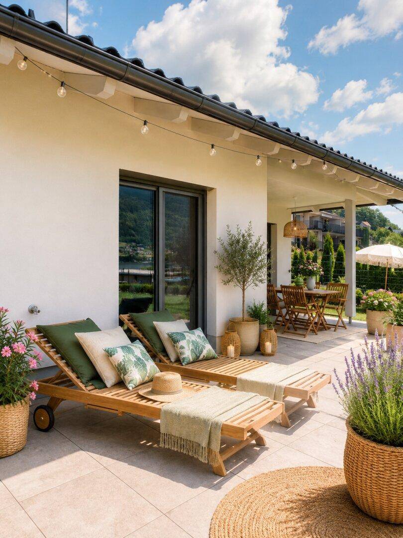 Sonnige Terrasse mit bequemen Liegestühlen und einem Essbereich im Freien, ideal zum Entspannen.
