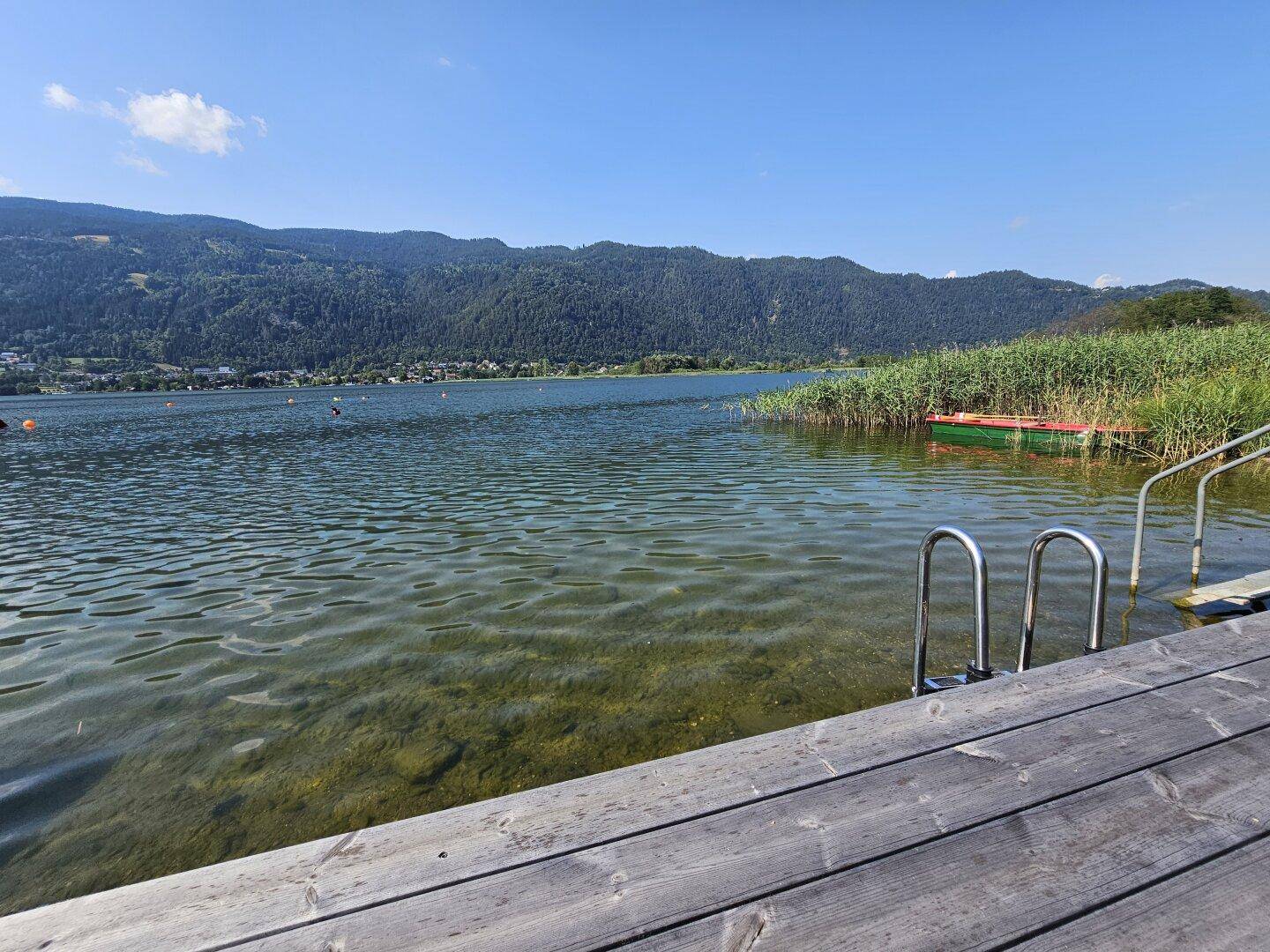 Klarer See mit Holzsteg und Einstiegsleiter, umgeben von Schilf und bewaldeten Bergen im Hintergrund.