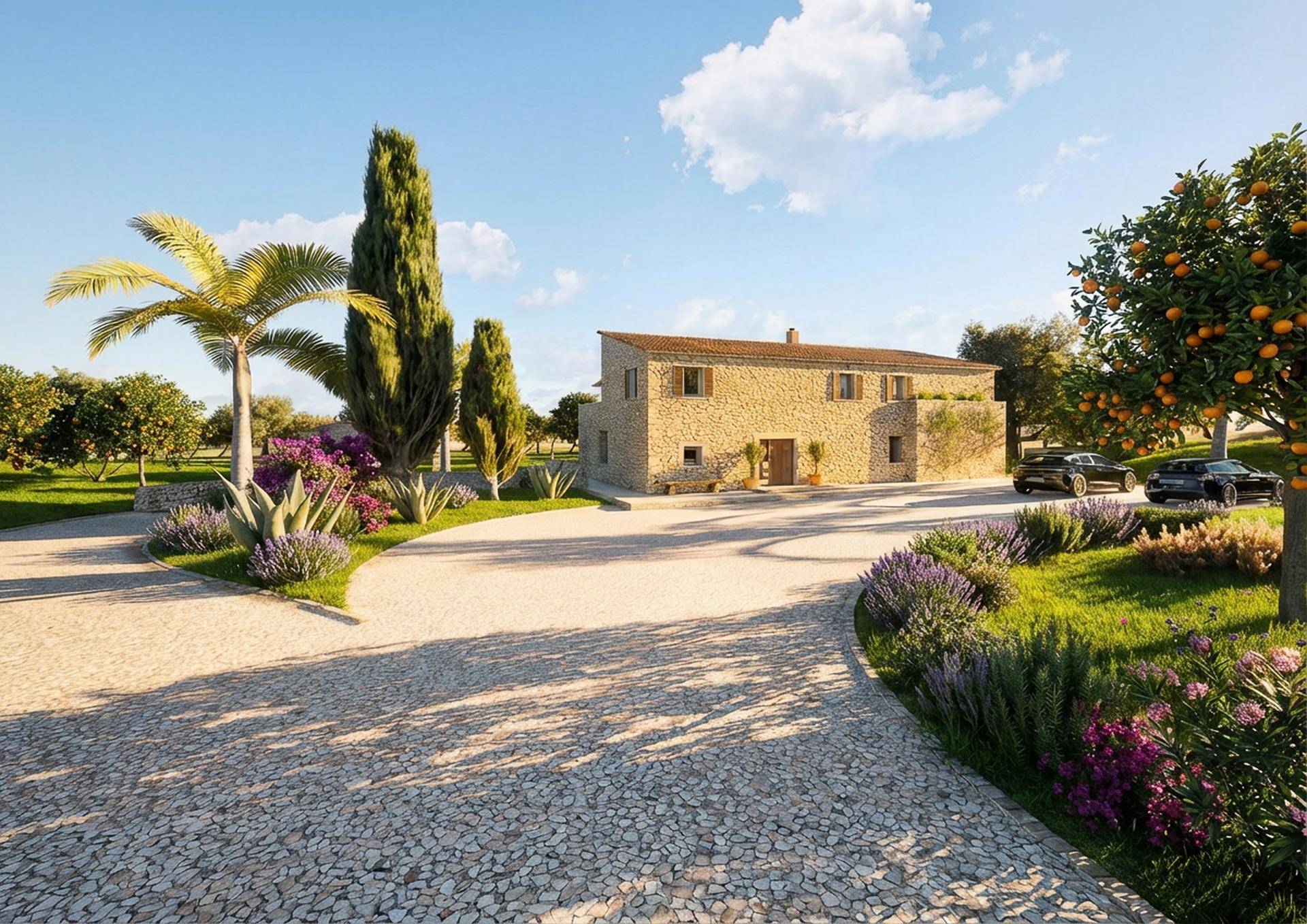 Eindrucksvolle Steinvilla mit weitläufiger Auffahrt, mediterranem Garten und Palmen unter strahlendem Himmel.