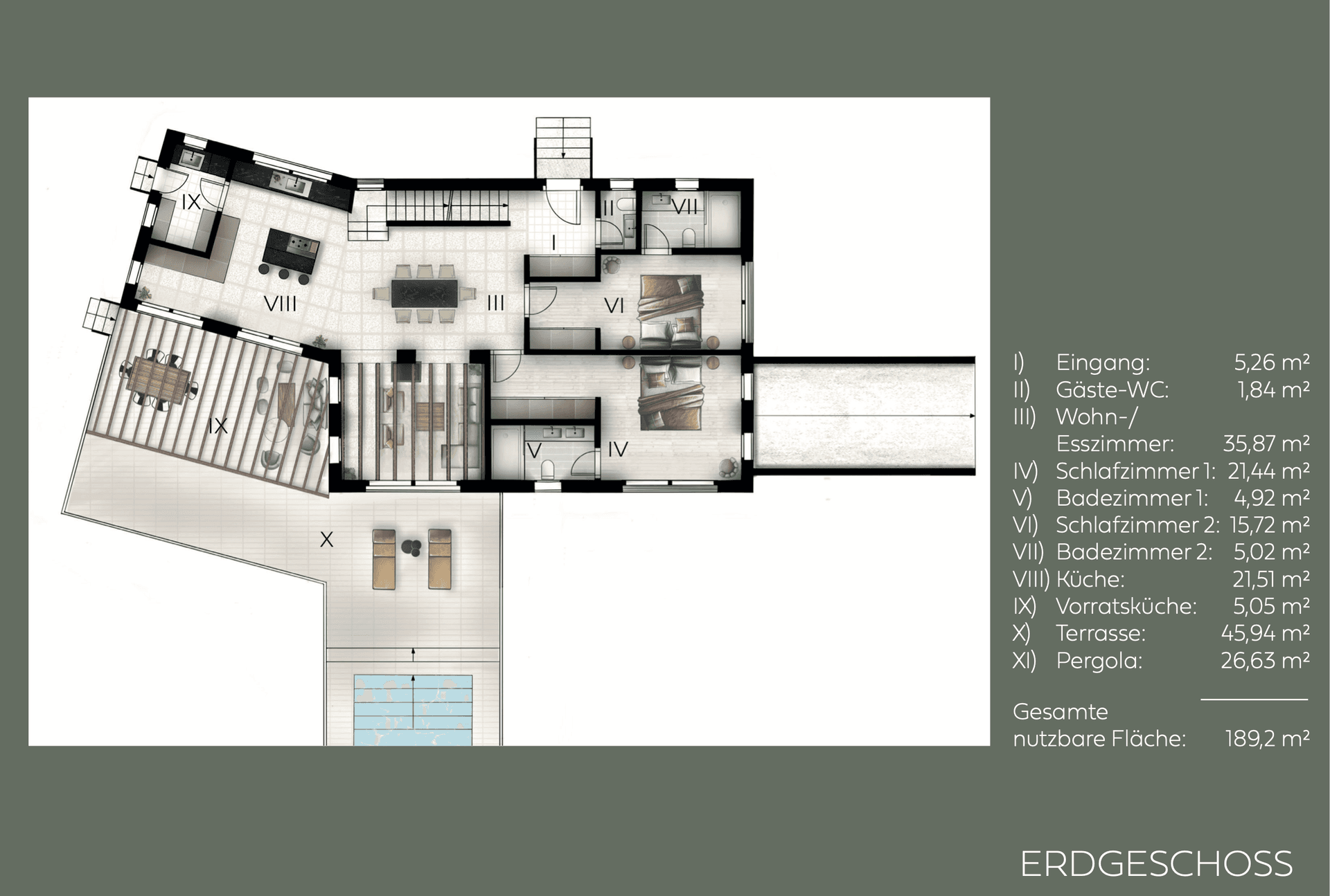 Grundriss des Erdgeschosses mit Esszimmer, Küche, Schlafzimmern und großer Terrasse.