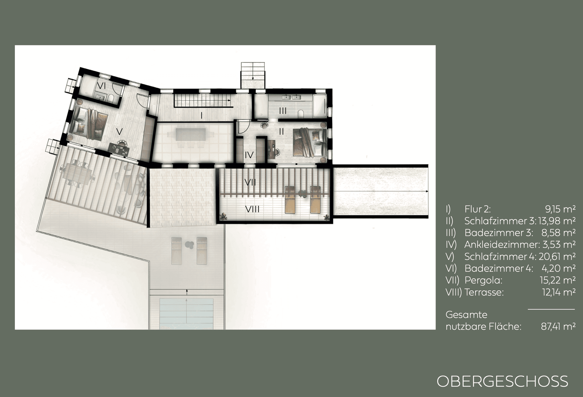 Grundriss des Obergeschosses mit zwei Schlafzimmern, zwei Bädern, Ankleidezimmer und Terrasse.