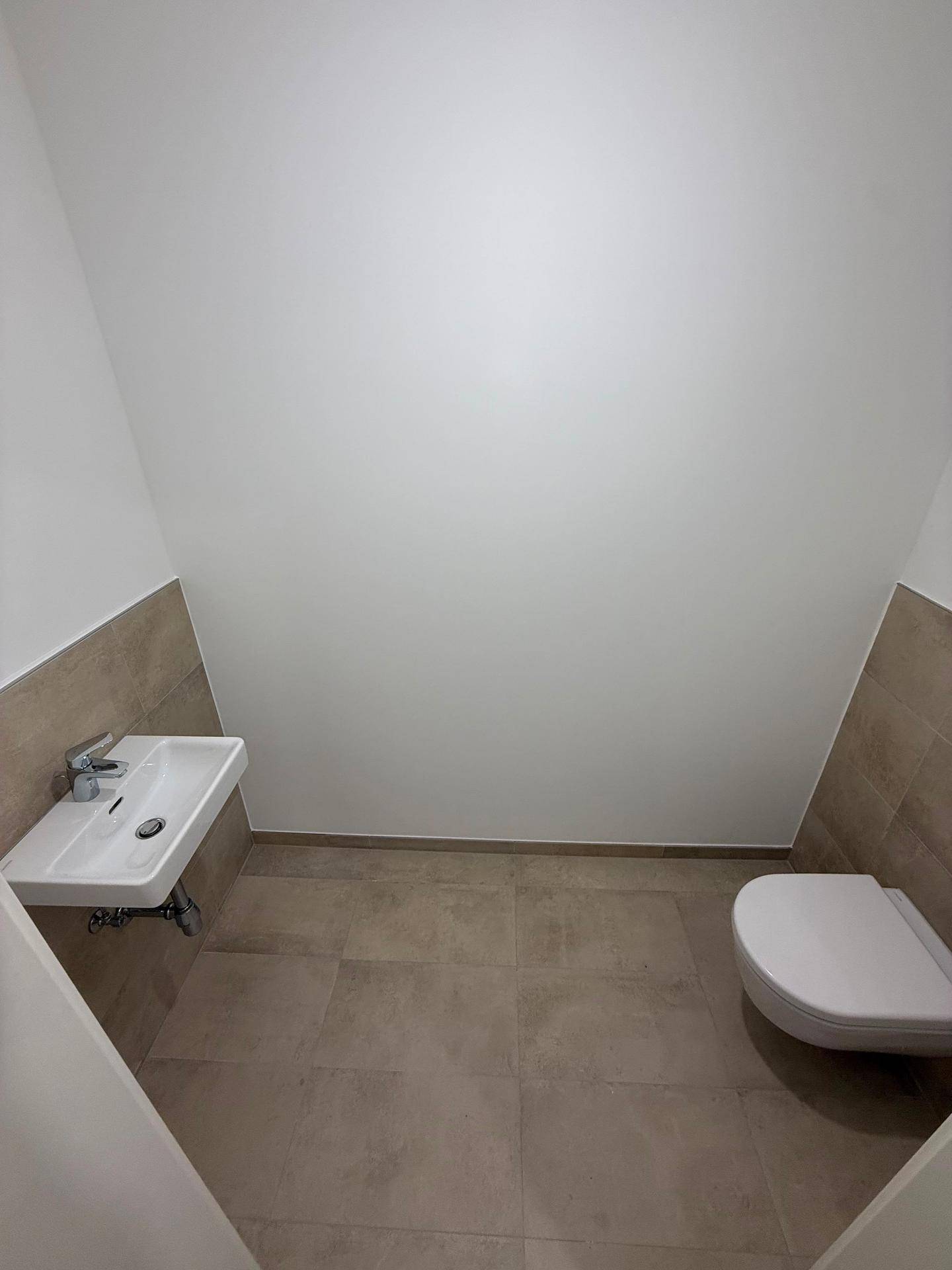 Kleines Gäste-WC mit Wand-WC, Waschbecken und modernen Fliesen an Wänden und Boden.