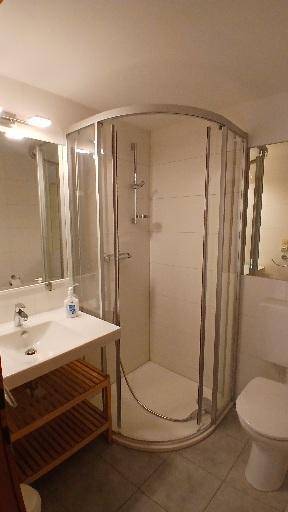 Modernes Badezimmer mit Duschkabine, Waschbecken und Toilette.